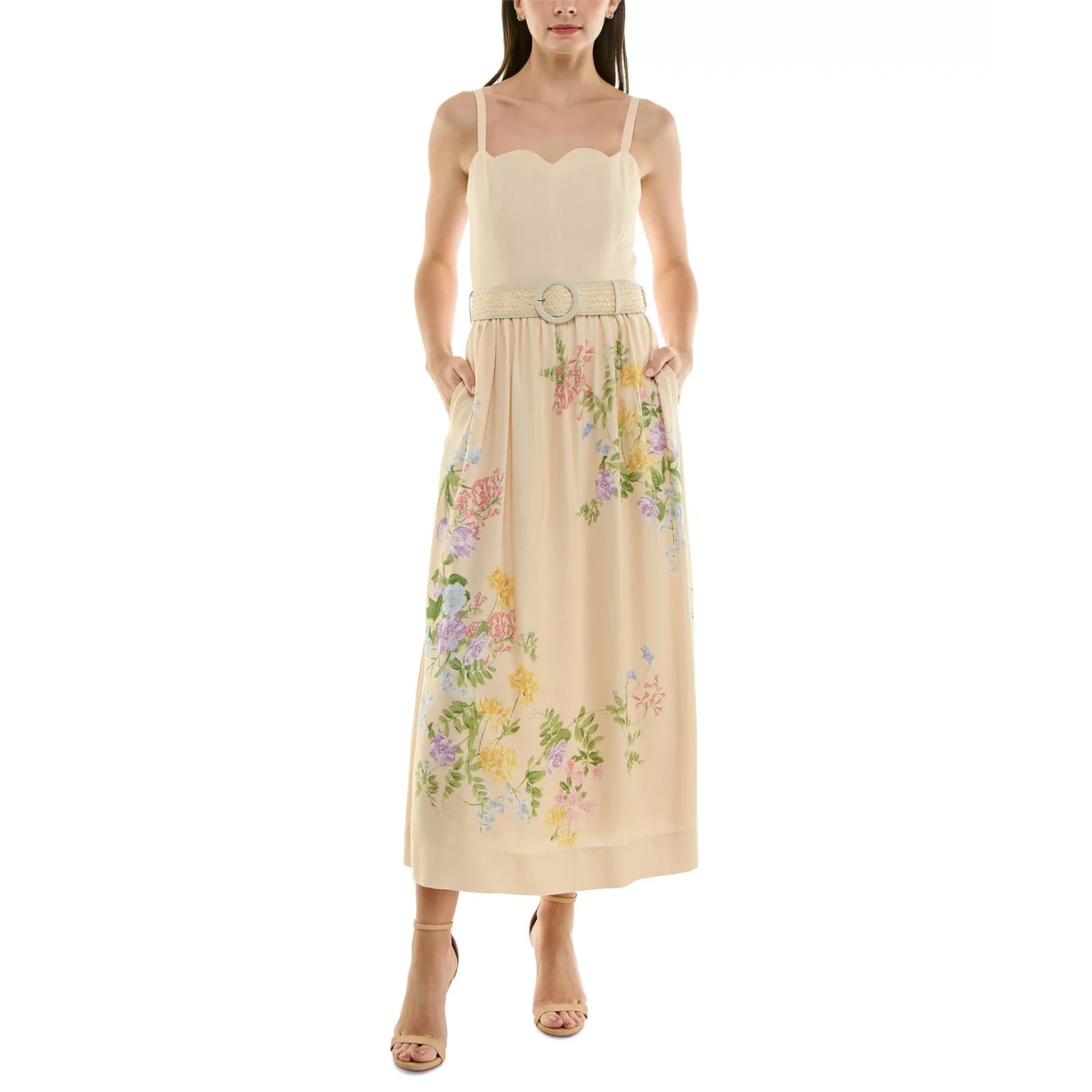 Taylor Floral-Print Belted Fit & Flare Dress Melon/Sepia 0144 Size 14 Newdefect